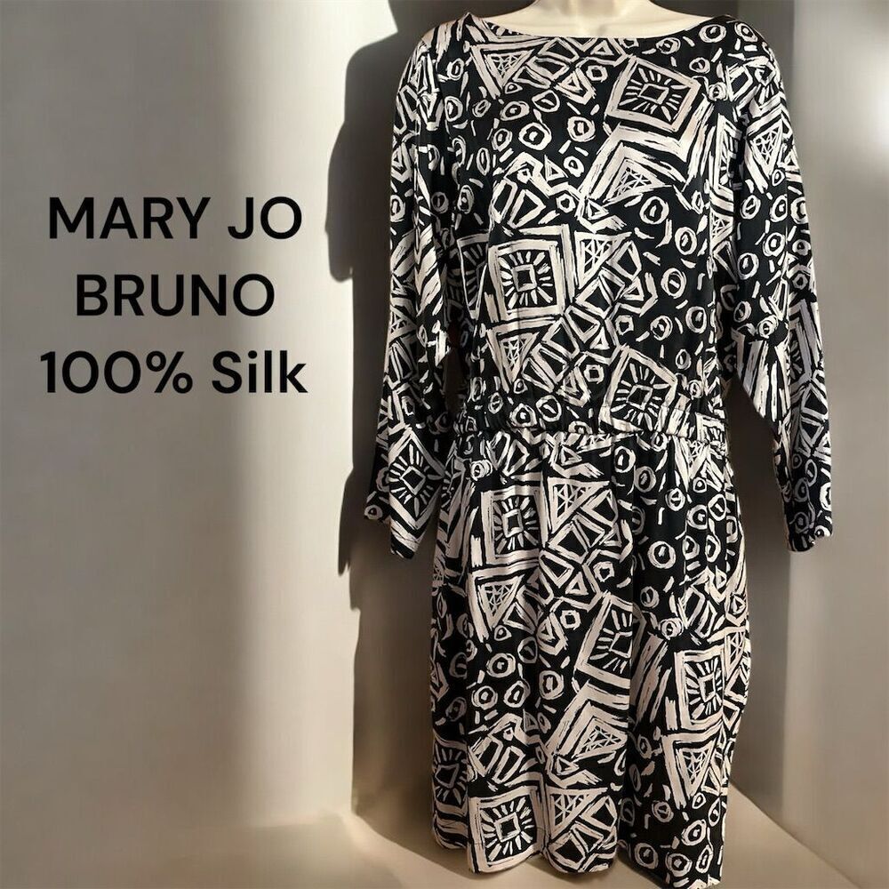 Mary Jo Bruno Women's Vintage 100% Silk Dark Gray Retro Abstract Sheath Dress